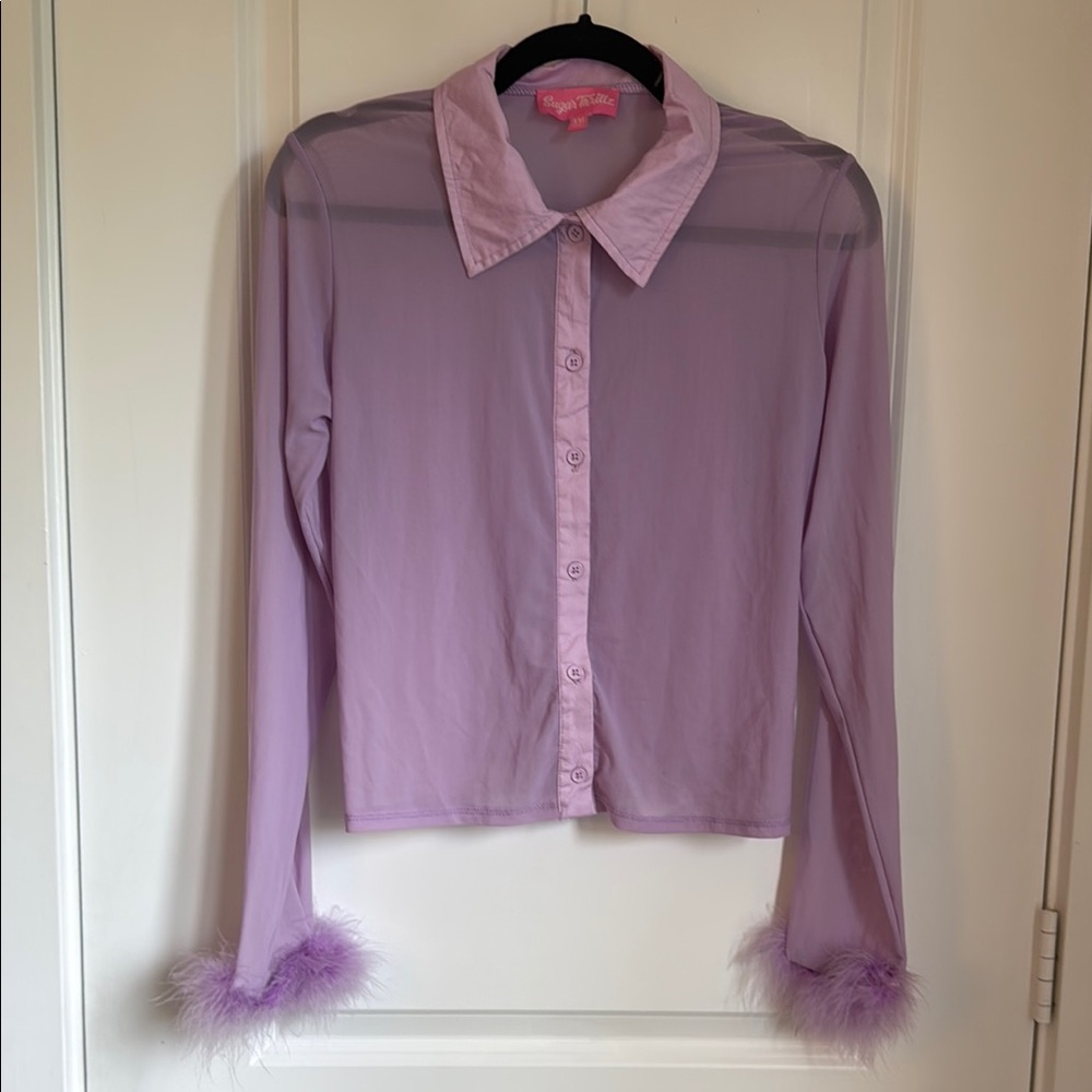 Sugar Thrillz Lavender Sheer Blouse with Feather Cuffs RUNS SMALL FITS LIKE SML